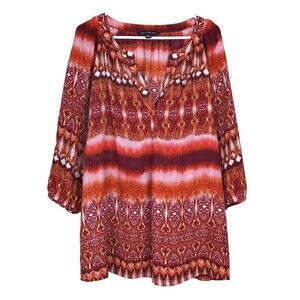 Zac & Rachel Womens 1X Top Blouse Tunic Maroon Orange V-Neck 3/4 Sleeve Pullover